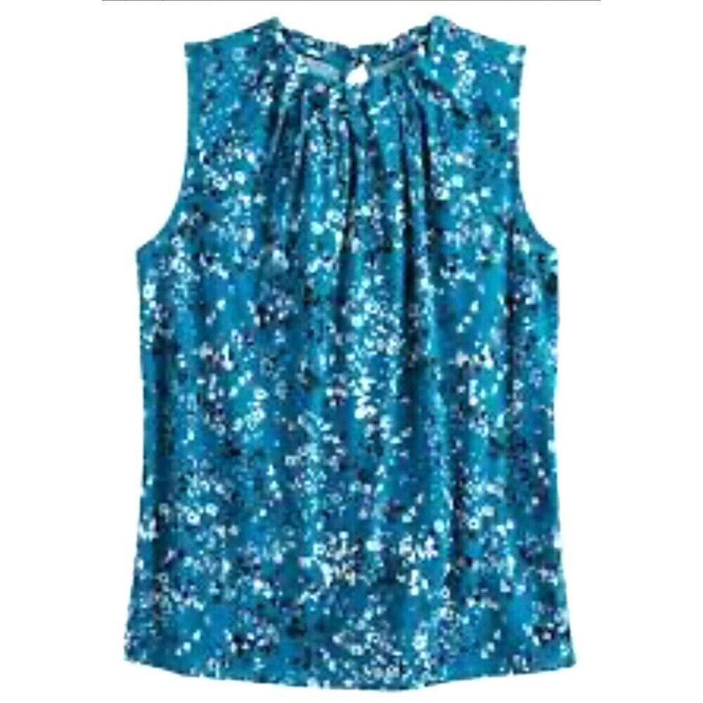 Croft & Barrow Womens Blue Floral Sleeveless Blouse Round Neck Petite PL 1171N4